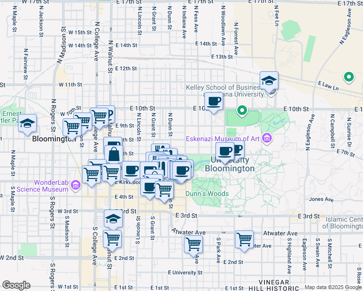 map of restaurants, bars, coffee shops, grocery stores, and more near 515 East 8th Street in Bloomington