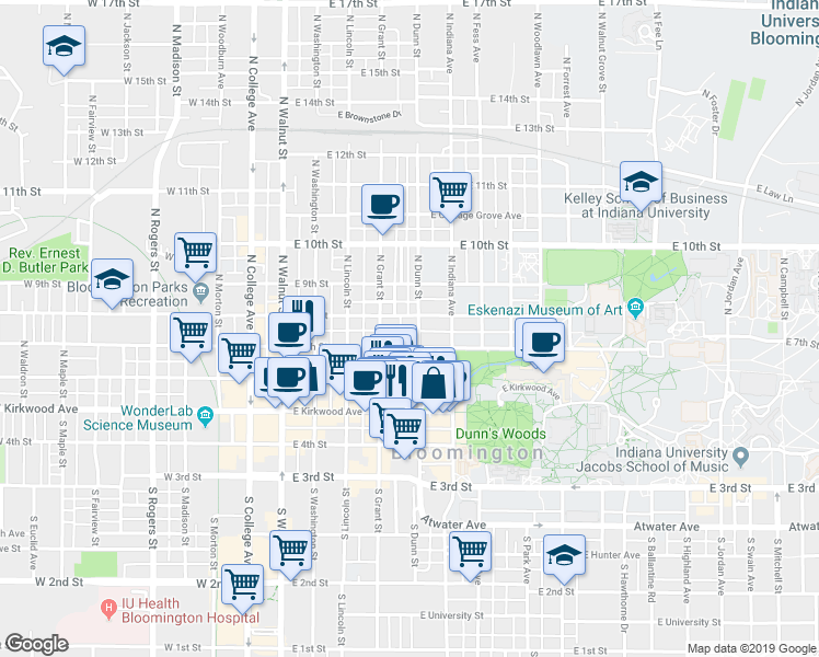 map of restaurants, bars, coffee shops, grocery stores, and more near 418 East 8th Street in Bloomington