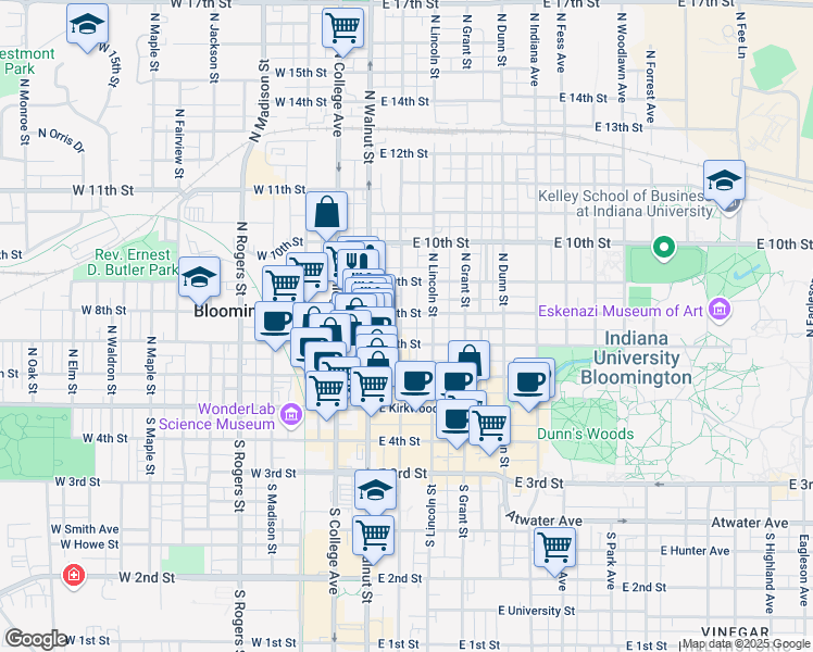 map of restaurants, bars, coffee shops, grocery stores, and more near 203 East 8th Street in Bloomington