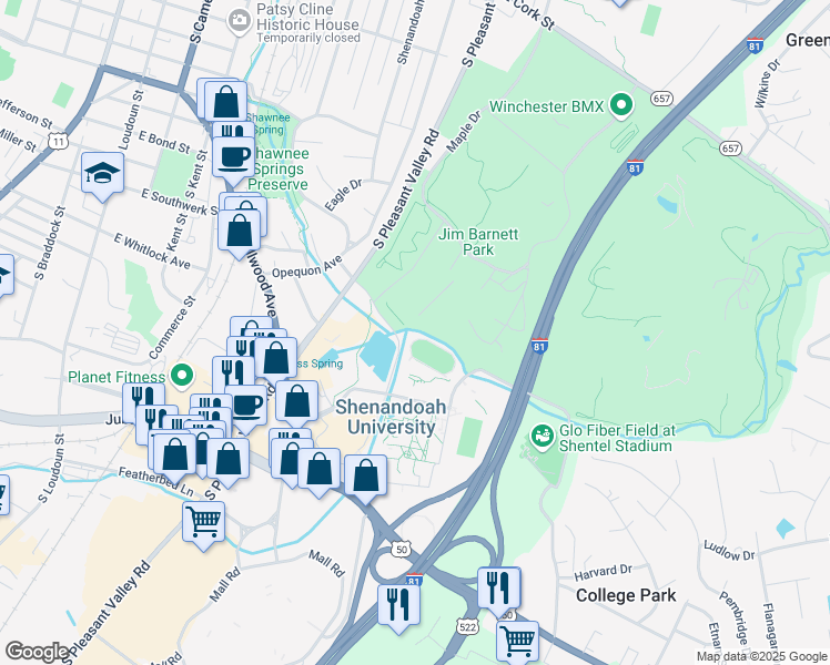 map of restaurants, bars, coffee shops, grocery stores, and more near 1460 University Drive in Winchester