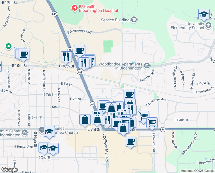 map of restaurants, bars, coffee shops, grocery stores, and more near 3073 East Amy Lane in Bloomington