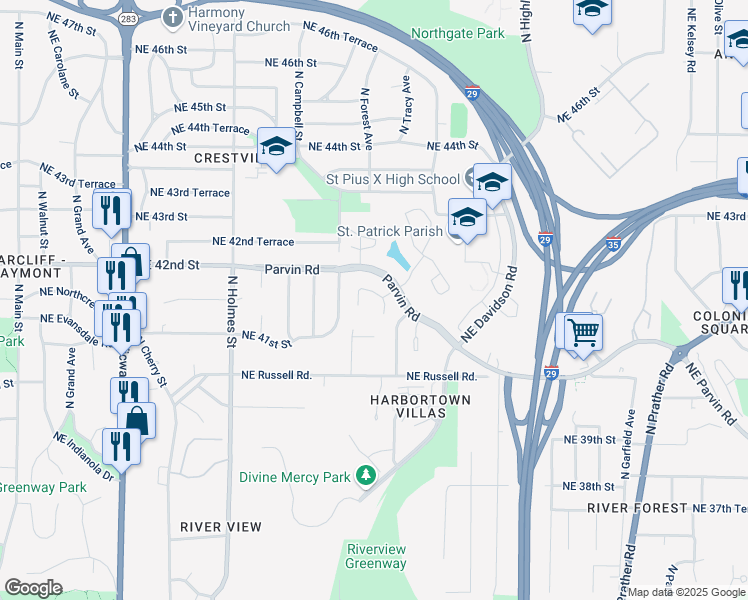 map of restaurants, bars, coffee shops, grocery stores, and more near 1301 Northeast Parvin Road in Kansas City