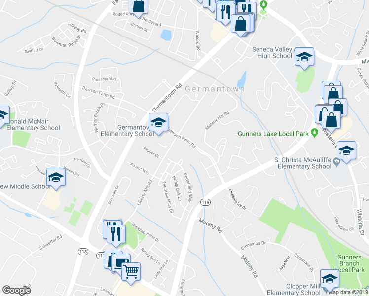 map of restaurants, bars, coffee shops, grocery stores, and more near 1997 Dawson Farm Road in Germantown