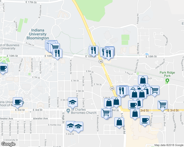 map of restaurants, bars, coffee shops, grocery stores, and more near 2501 East 8th Street in Bloomington