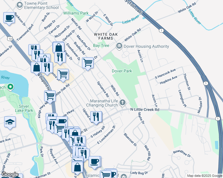 map of restaurants, bars, coffee shops, grocery stores, and more near 70 Willis Road in Dover