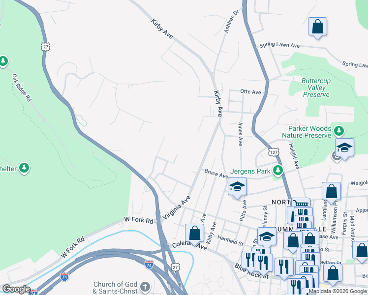 map of restaurants, bars, coffee shops, grocery stores, and more near 1942 Kentucky Avenue in Cincinnati