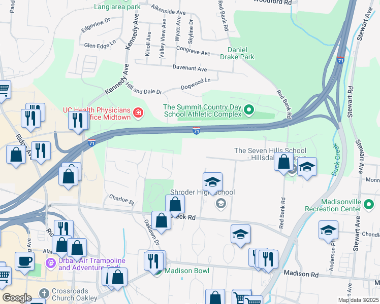 map of restaurants, bars, coffee shops, grocery stores, and more near 4999 Kingsley Drive in Cincinnati