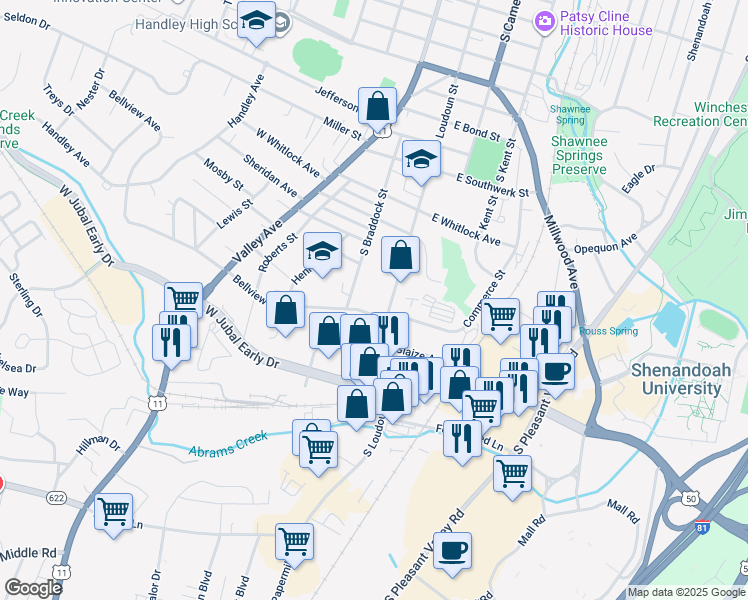 map of restaurants, bars, coffee shops, grocery stores, and more near 1640 South Braddock Street in Winchester
