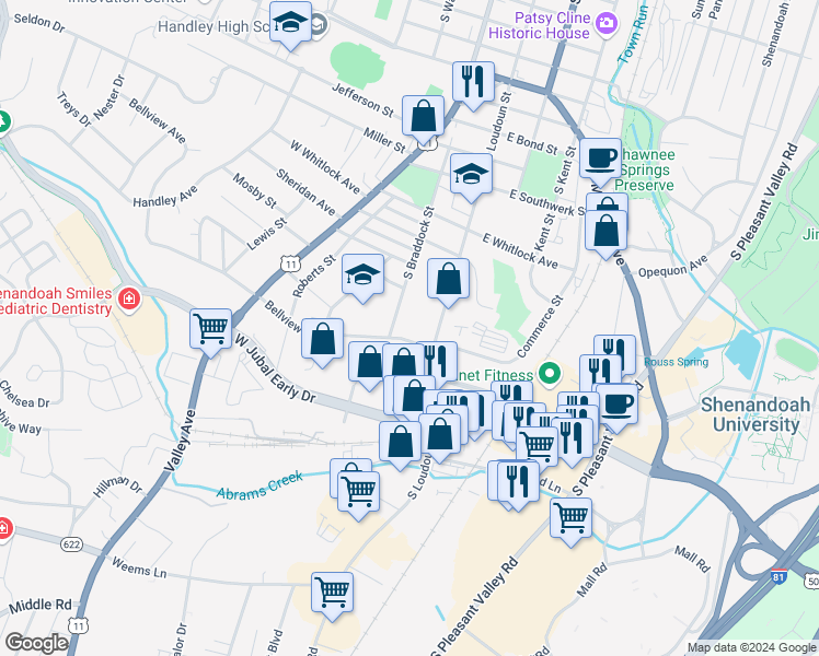 map of restaurants, bars, coffee shops, grocery stores, and more near 1640 South Braddock Street in Winchester