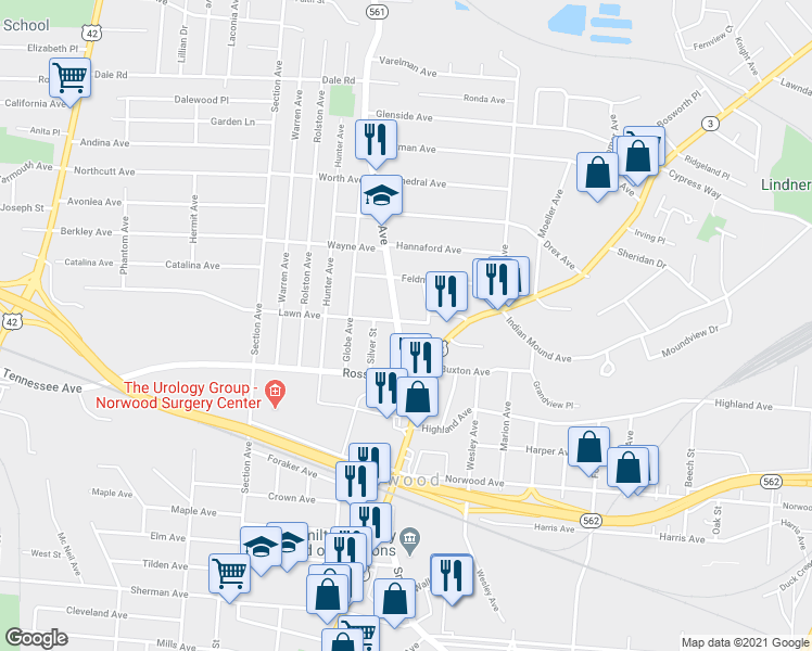 map of restaurants, bars, coffee shops, grocery stores, and more near 5201 Carthage Avenue in Cincinnati