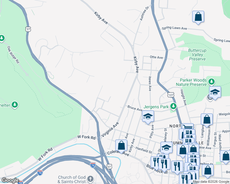 map of restaurants, bars, coffee shops, grocery stores, and more near 1942 Kentucky Avenue in Cincinnati