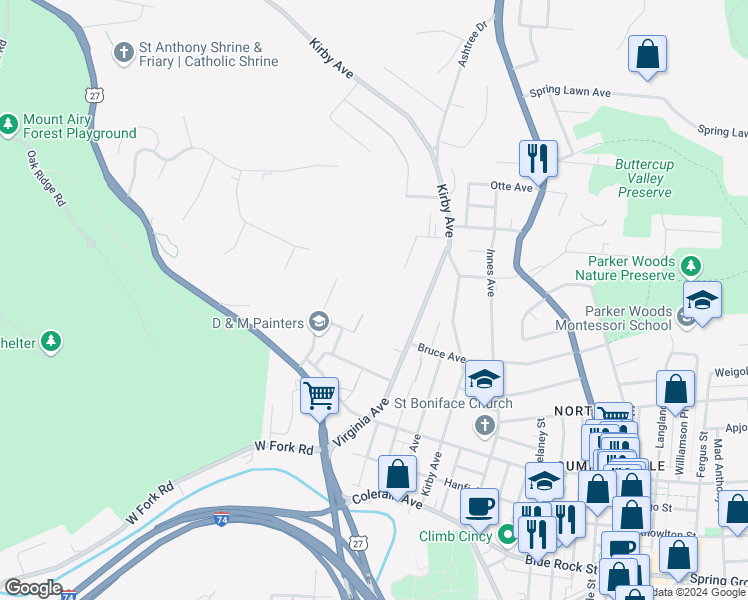 map of restaurants, bars, coffee shops, grocery stores, and more near 1942 Kentucky Avenue in Cincinnati