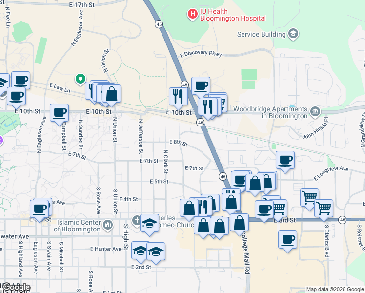 map of restaurants, bars, coffee shops, grocery stores, and more near 2501 East 8th Street in Bloomington