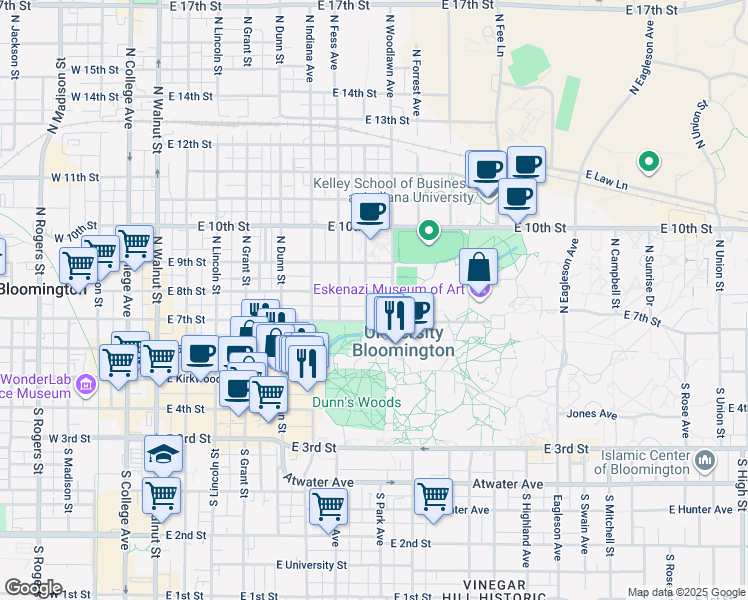 map of restaurants, bars, coffee shops, grocery stores, and more near 402 North Park Avenue in Bloomington