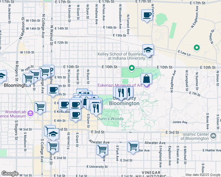 map of restaurants, bars, coffee shops, grocery stores, and more near 402 North Park Avenue in Bloomington