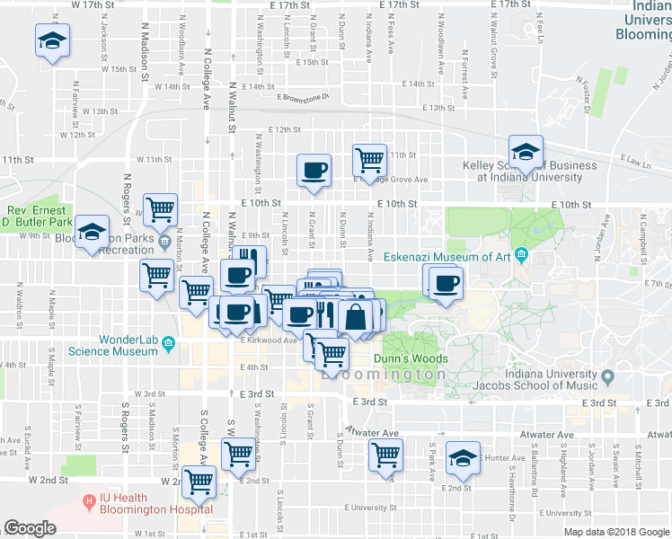 map of restaurants, bars, coffee shops, grocery stores, and more near 418 East 8th Street in Bloomington