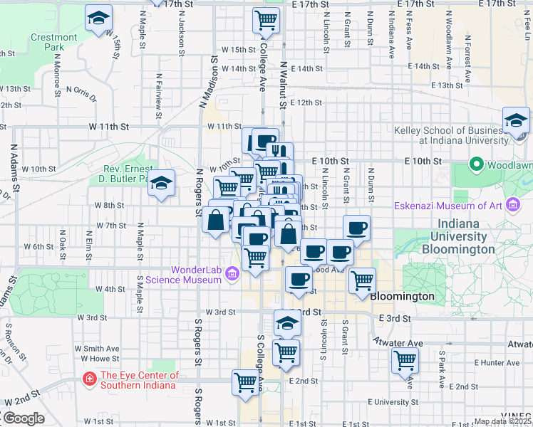 map of restaurants, bars, coffee shops, grocery stores, and more near 319 North College Avenue in Bloomington