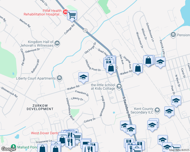 map of restaurants, bars, coffee shops, grocery stores, and more near 36 Heritage Drive in Dover