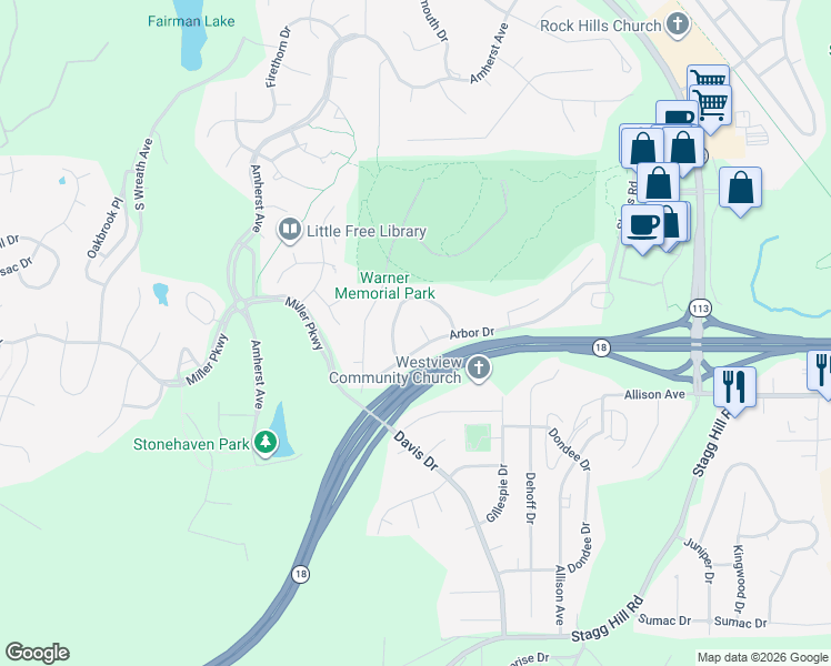 map of restaurants, bars, coffee shops, grocery stores, and more near 3049 Tamarak Drive in Manhattan