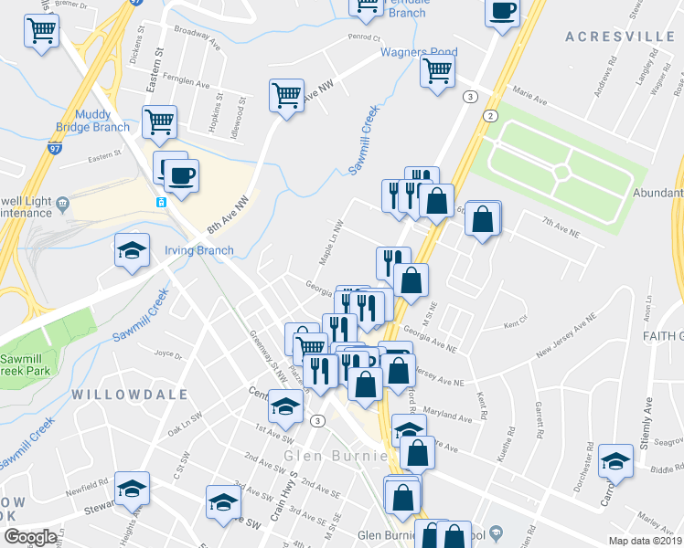 map of restaurants, bars, coffee shops, grocery stores, and more near 20 Georgia Avenue Northwest in Glen Burnie