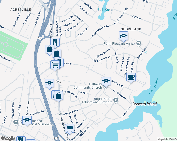 map of restaurants, bars, coffee shops, grocery stores, and more near 197 Margate Drive in Glen Burnie