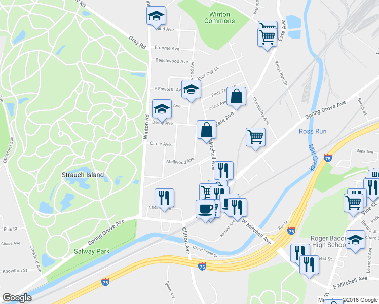 map of restaurants, bars, coffee shops, grocery stores, and more near 4445 Mellwood Avenue in Cincinnati
