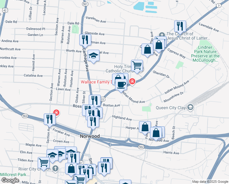 map of restaurants, bars, coffee shops, grocery stores, and more near 5159 Montgomery Road in Norwood