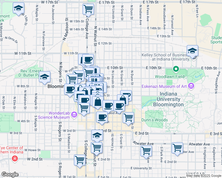 map of restaurants, bars, coffee shops, grocery stores, and more near 203 East 8th Street in Bloomington