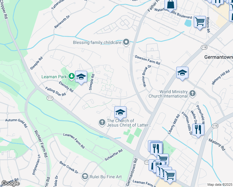 map of restaurants, bars, coffee shops, grocery stores, and more near 13712 Lark Song Drive in Germantown