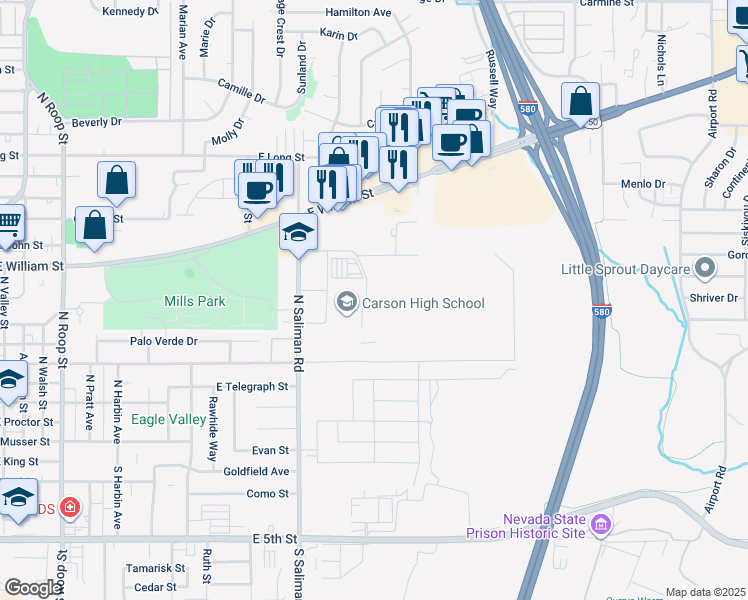 map of restaurants, bars, coffee shops, grocery stores, and more near 1111 North Saliman Road in Carson City