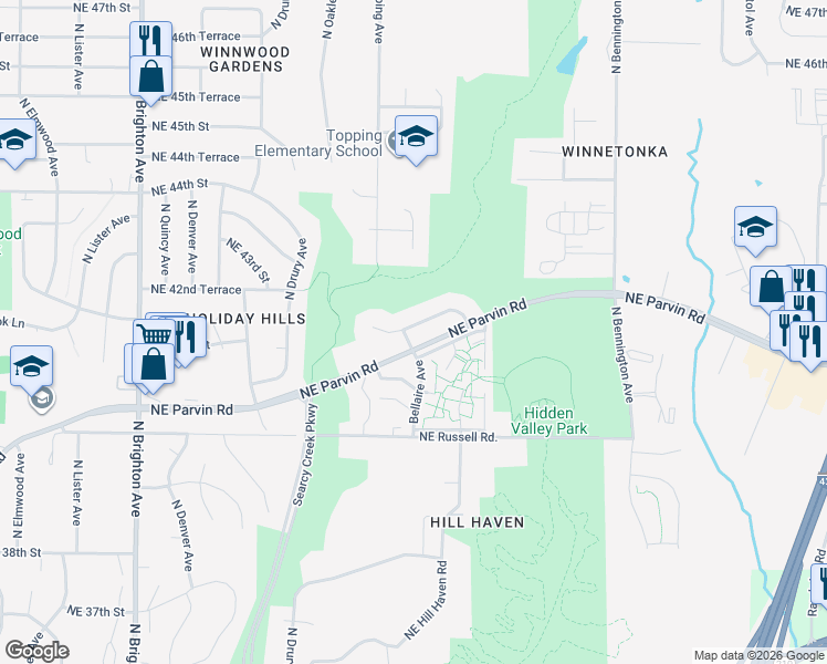 map of restaurants, bars, coffee shops, grocery stores, and more near 5913 Northeast 42nd Street in Kansas City