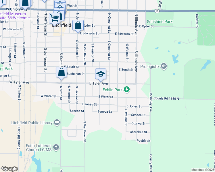 map of restaurants, bars, coffee shops, grocery stores, and more near 612 East Tyler Avenue in Litchfield