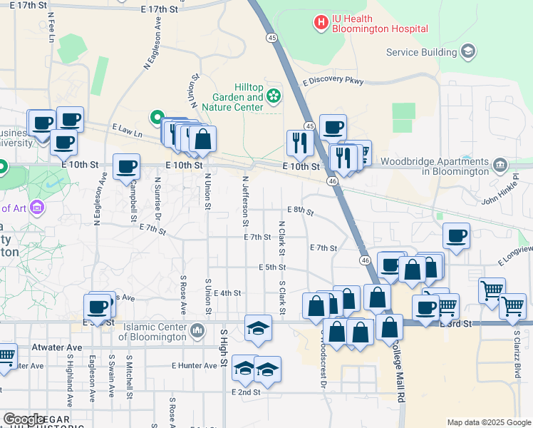 map of restaurants, bars, coffee shops, grocery stores, and more near 403 North Roosevelt Street in Bloomington
