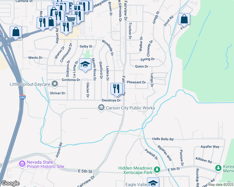 map of restaurants, bars, coffee shops, grocery stores, and more near 1026 Woodside Drive in Carson City