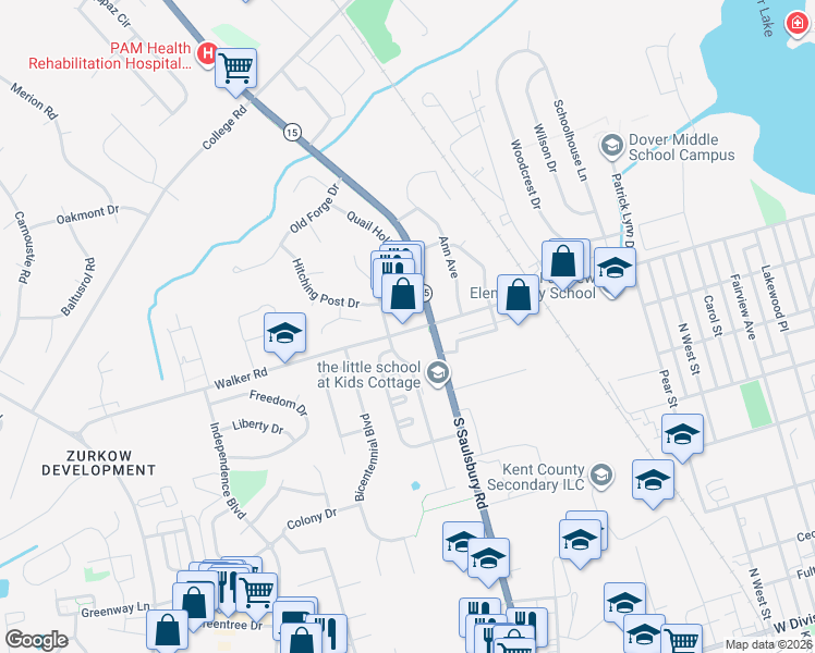 map of restaurants, bars, coffee shops, grocery stores, and more near 1043 Walker Road in Dover