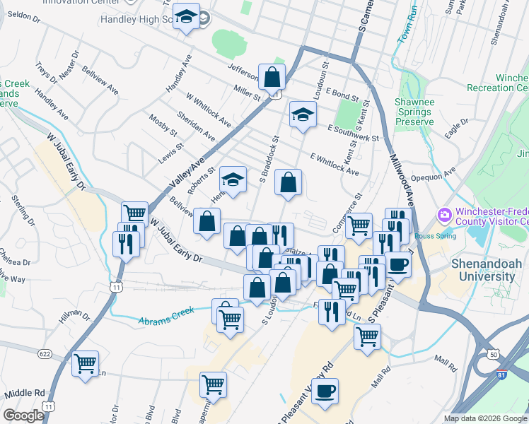 map of restaurants, bars, coffee shops, grocery stores, and more near 1640 South Braddock Street in Winchester