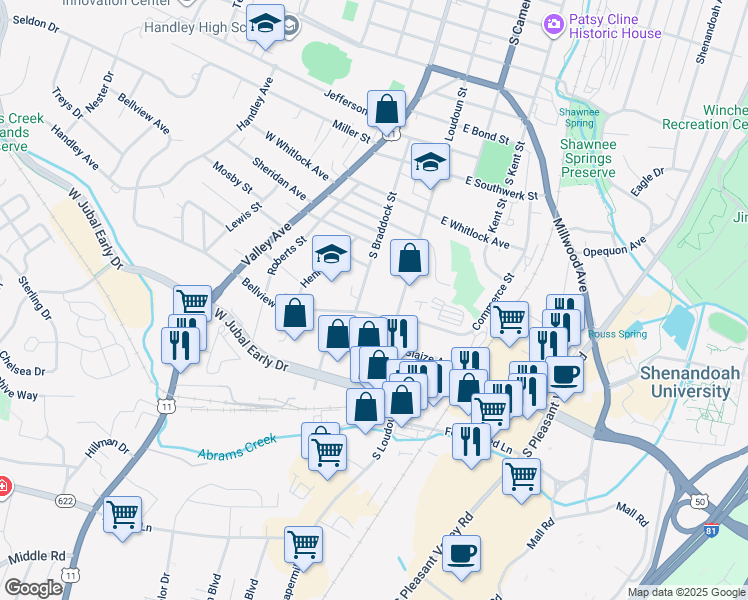map of restaurants, bars, coffee shops, grocery stores, and more near 1640 South Braddock Street in Winchester