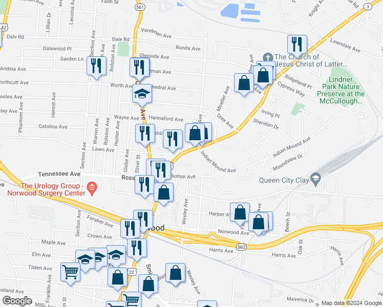 map of restaurants, bars, coffee shops, grocery stores, and more near 5226 Montgomery Road in Cincinnati