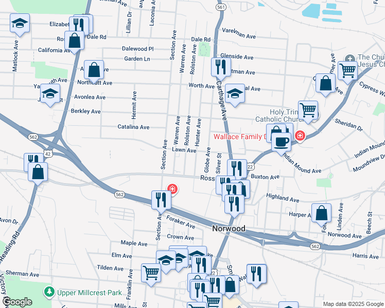 map of restaurants, bars, coffee shops, grocery stores, and more near 5142 Rolston Avenue in Cincinnati