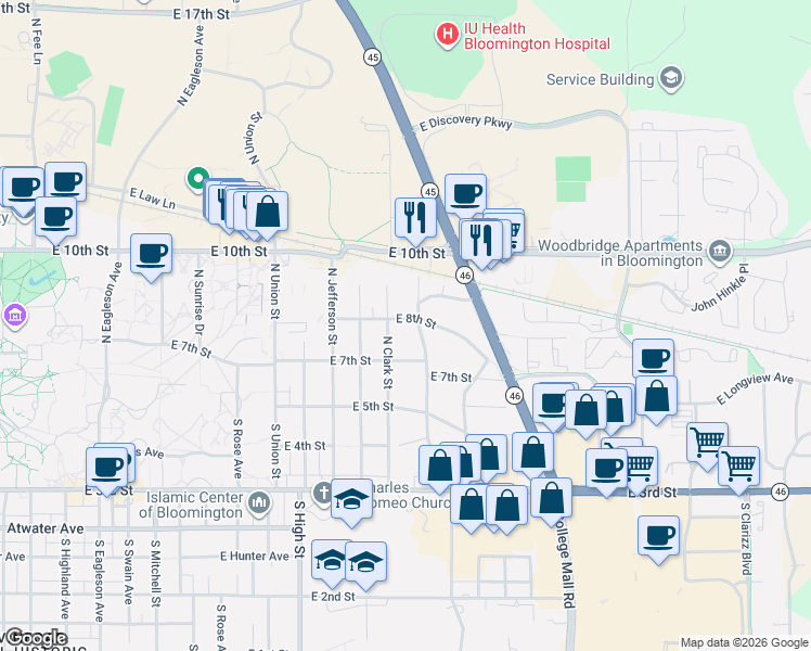 map of restaurants, bars, coffee shops, grocery stores, and more near 2400 East 8th Street in Bloomington