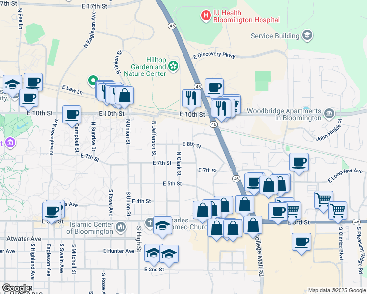 map of restaurants, bars, coffee shops, grocery stores, and more near 2400 East 8th Street in Bloomington
