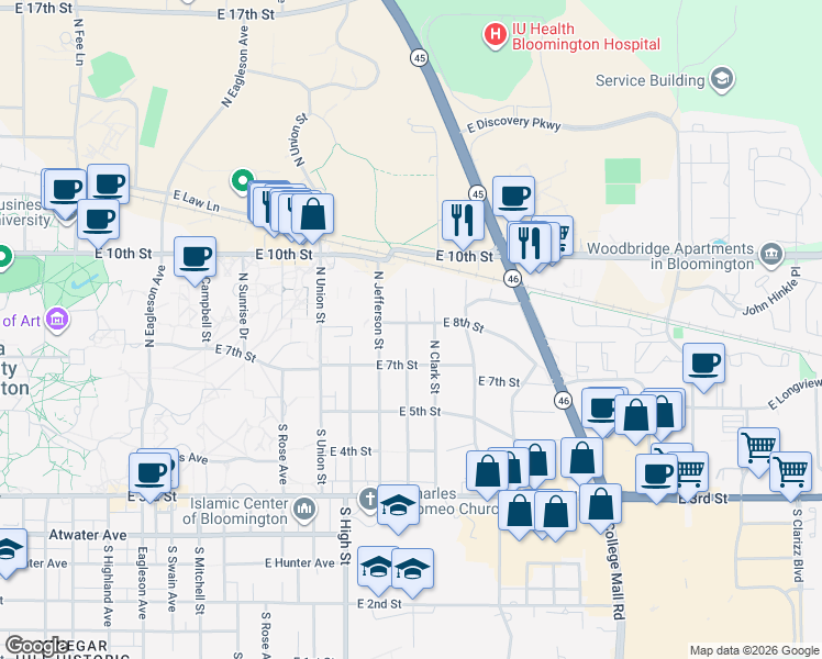 map of restaurants, bars, coffee shops, grocery stores, and more near 403 North Roosevelt Street in Bloomington