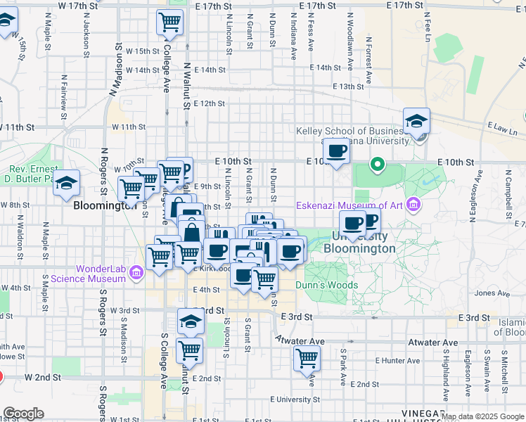 map of restaurants, bars, coffee shops, grocery stores, and more near 418 East 8th Street in Bloomington