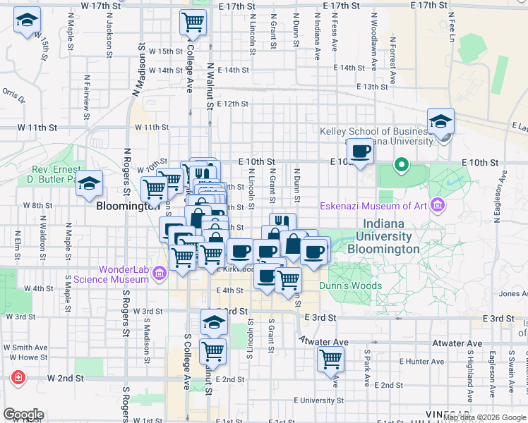map of restaurants, bars, coffee shops, grocery stores, and more near 312 East 8th Street in Bloomington
