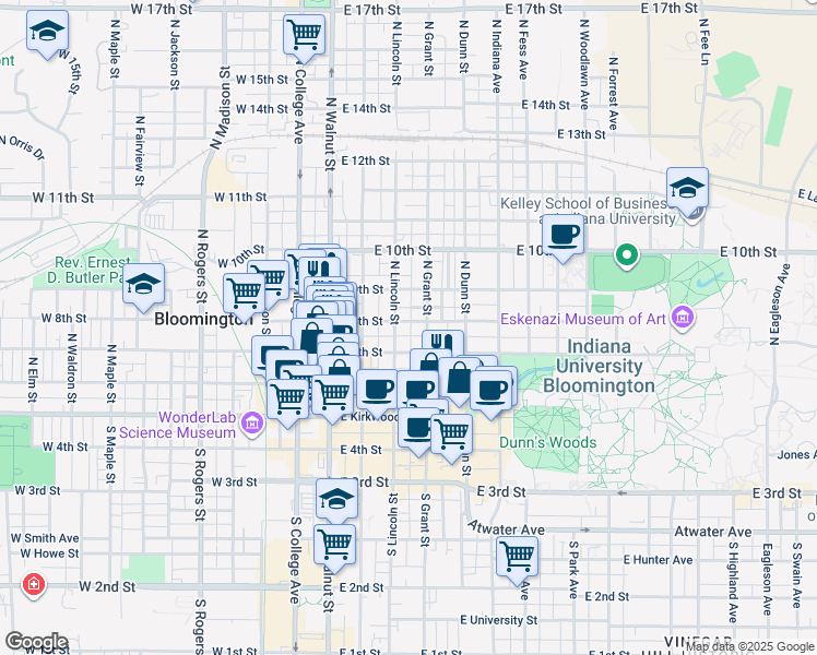 map of restaurants, bars, coffee shops, grocery stores, and more near 312 East 8th Street in Bloomington