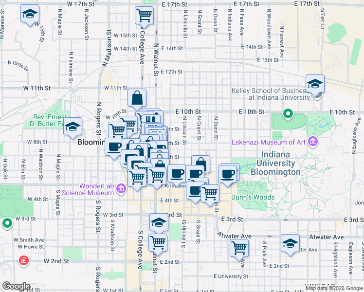 map of restaurants, bars, coffee shops, grocery stores, and more near 203 East 8th Street in Bloomington