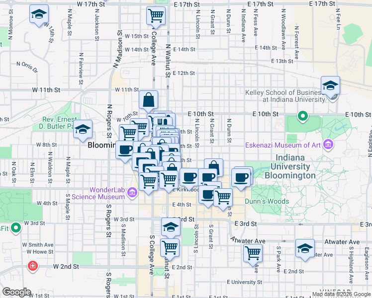 map of restaurants, bars, coffee shops, grocery stores, and more near 203 East 8th Street in Bloomington