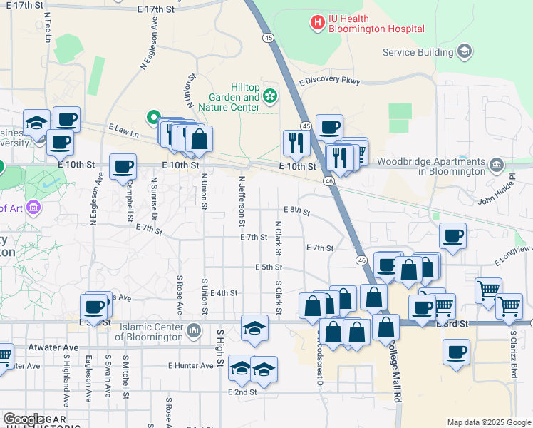 map of restaurants, bars, coffee shops, grocery stores, and more near 2400 East 8th Street in Bloomington