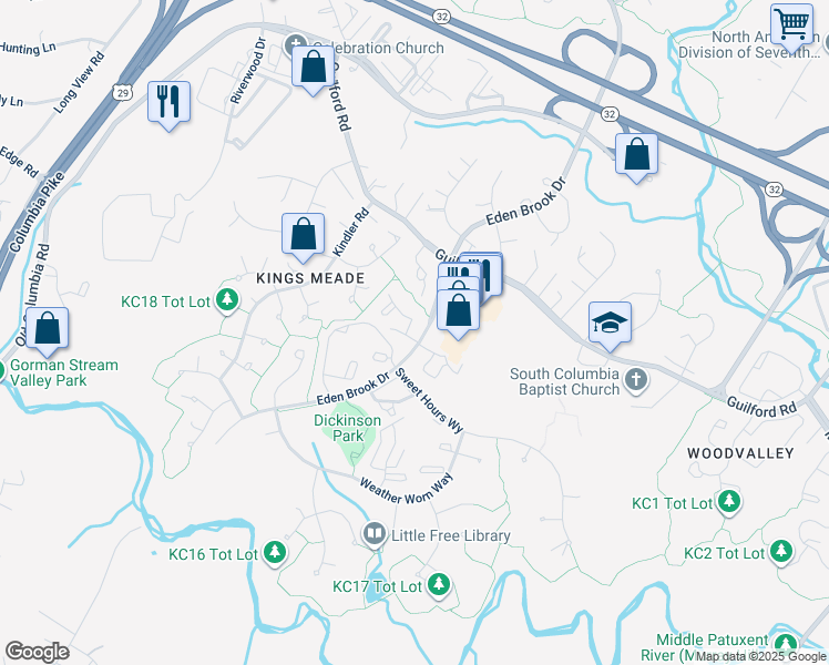 map of restaurants, bars, coffee shops, grocery stores, and more near 7260 Eden Brook Drive in Columbia