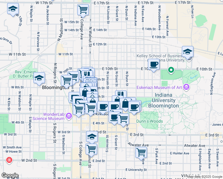 map of restaurants, bars, coffee shops, grocery stores, and more near 312 East 8th Street in Bloomington